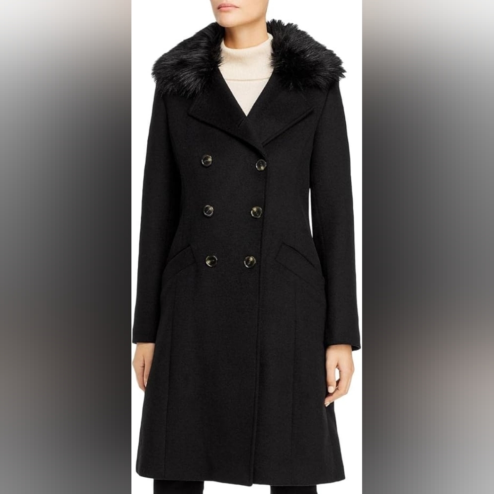 Tahari Black Wool Blend Faux Fur Trim Long Double Brested Peacoat Medium